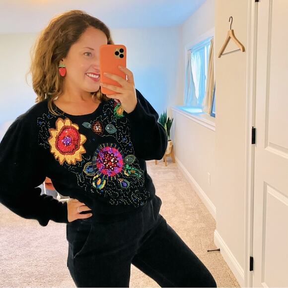 Vintage Cedars Black Embellished Beaded Sequin Silk Angora Sweater Small - Picture 1 of 12